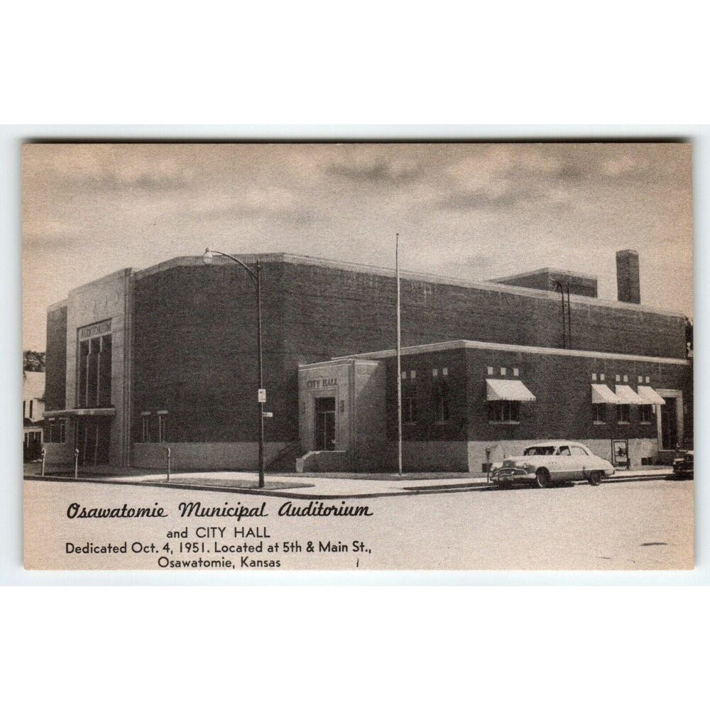 Osawatomie Kansas Postcard Municipal Auditorium & City Hall Street View Old Cars